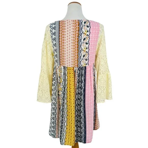 Mixed Print Lace Bell Sleeve Mini Dress | Boho Coastal Cowgirl Whimsigoth Indie - Picture 8 of 12
